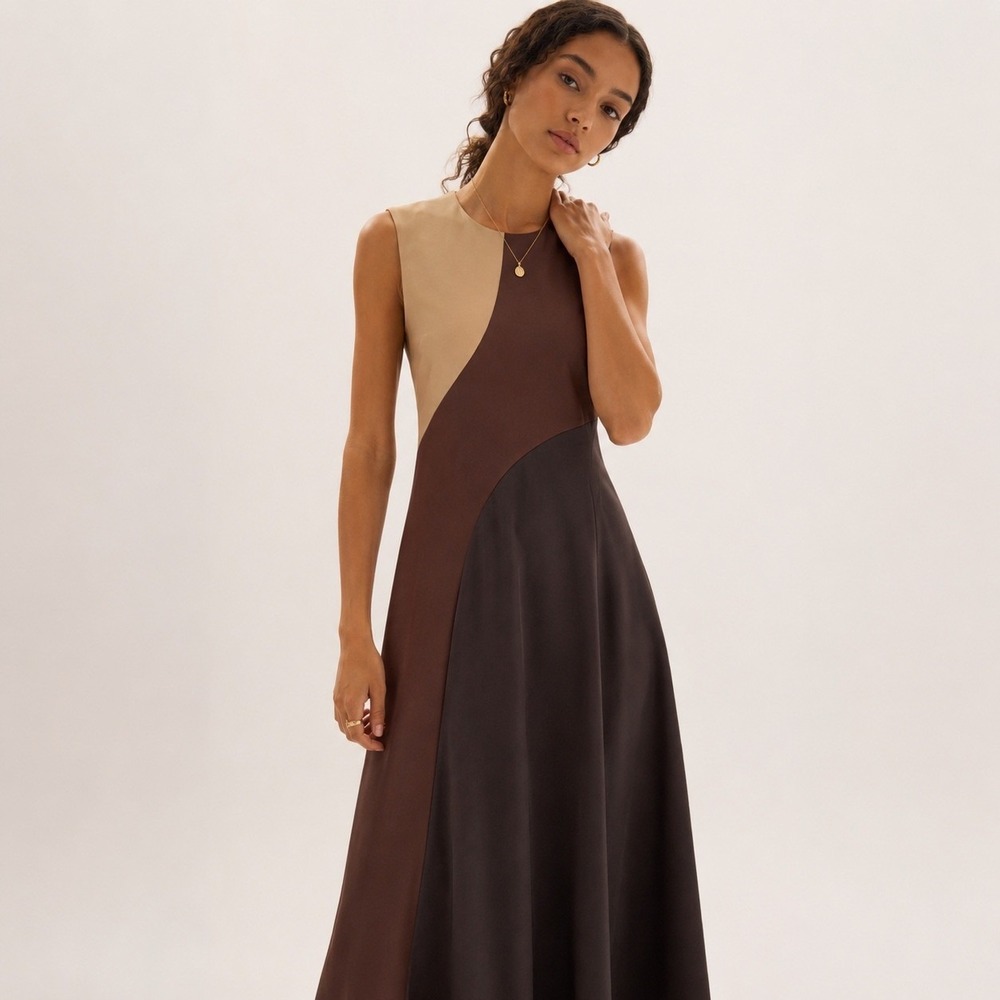 Chocolate Brown Colorblock Midi Dress Womens Size 8 Camel Office Chic NEW